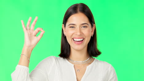 bien manos, cara y mujer feliz en la pantalla verde