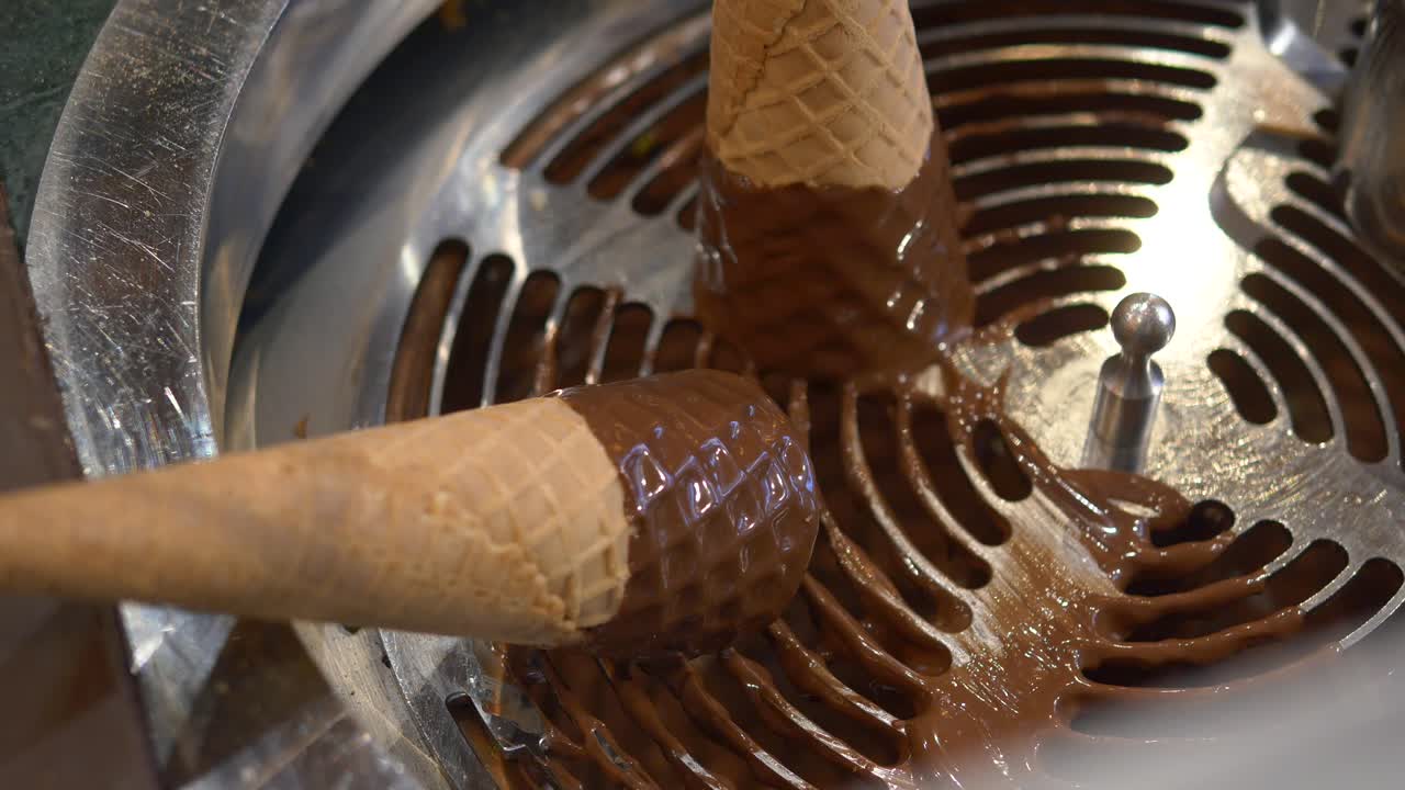primo piano di coni di gelato immersi in cioccolato
