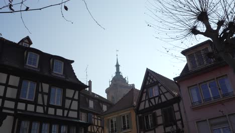 scenic staatic shot of half-timbered houses in medieval town