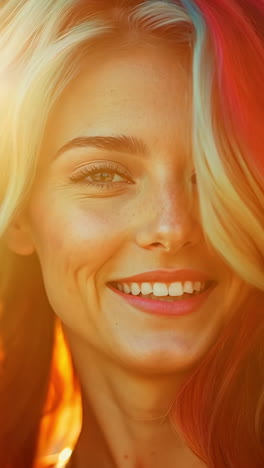 a woman with red, blue, and green hair is smiling. the hair is long and flowing, and the woman's face is bright and happy