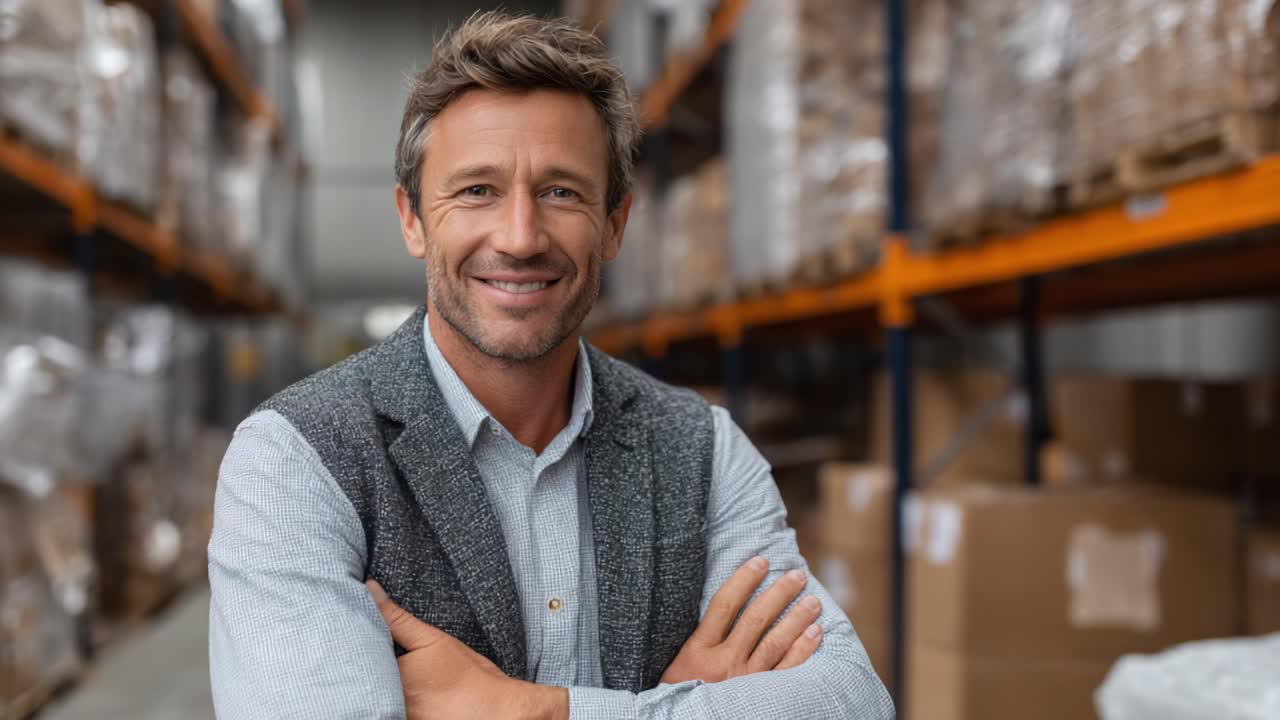Un responsabile di magazzino sicuro di sé posa in un ambiente di stoccaggio industriale circondato da merci imballate e scaffalature, mettendo in mostra leadership e professionalità