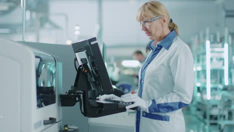 on high tech factory female engineer uses green screen computer for programing pick and place electronic machinery for printed circuit board surface mount assembly line.