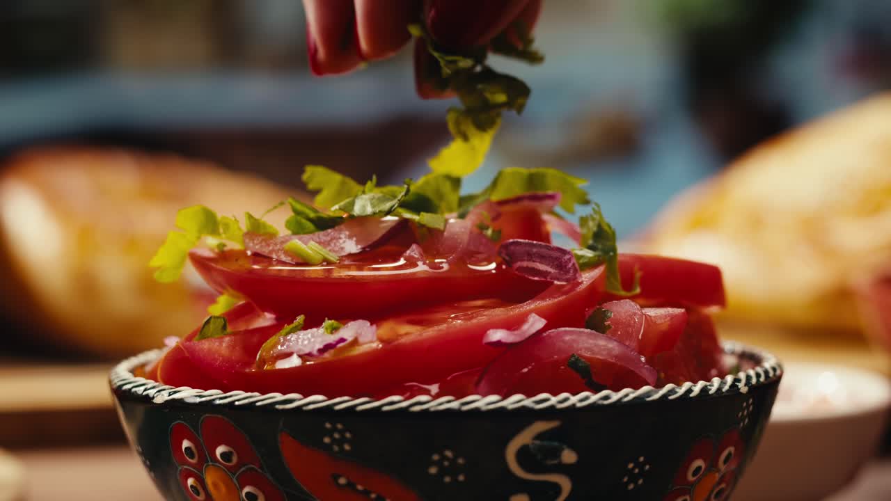 토마토와 양파 러드를 준비하고 있습니다.