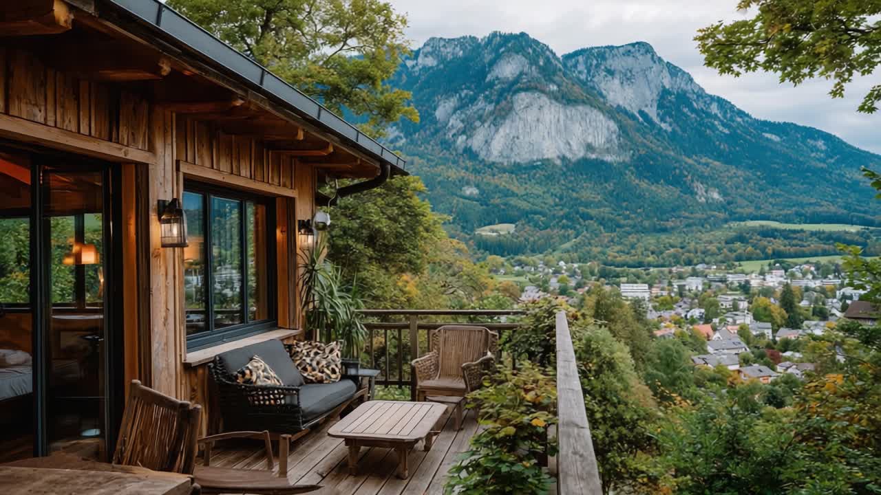 Un sereno rifugio di montagna: abbraccia la natura con viste mozzafiato da un accogliente ponte in legno che si affaccia sulla valle e sulle vette maestose