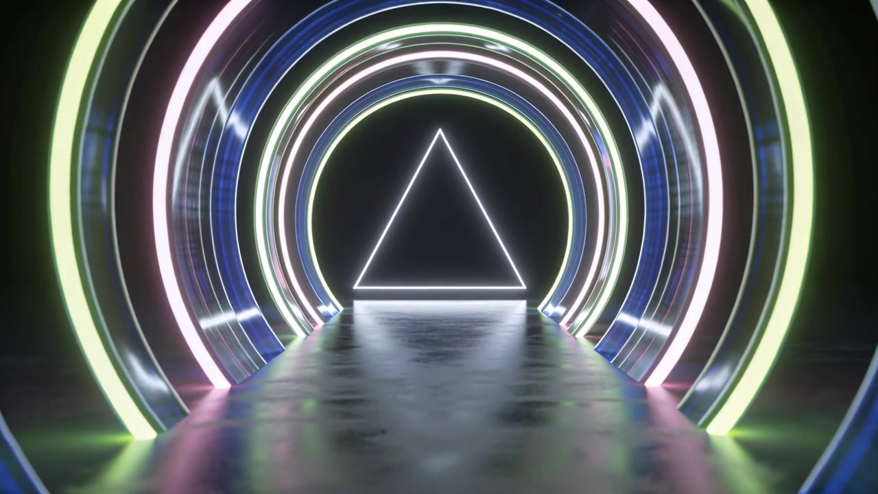 Moving camera pushing lit ring tunnel forward toward glowing triangle in neon corridor, with runway