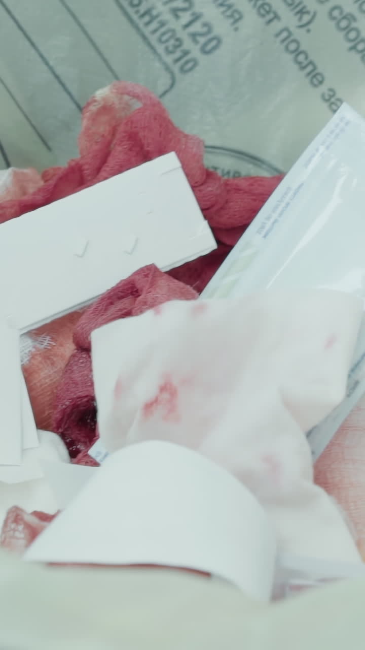 spugne insanguinate in siringa in un sacchetto per rifiuti in chirurgia. spugne ricoperte di sangue e siringa scartata in sacchetto durante la procedura di bypass coronarico in ospedale
