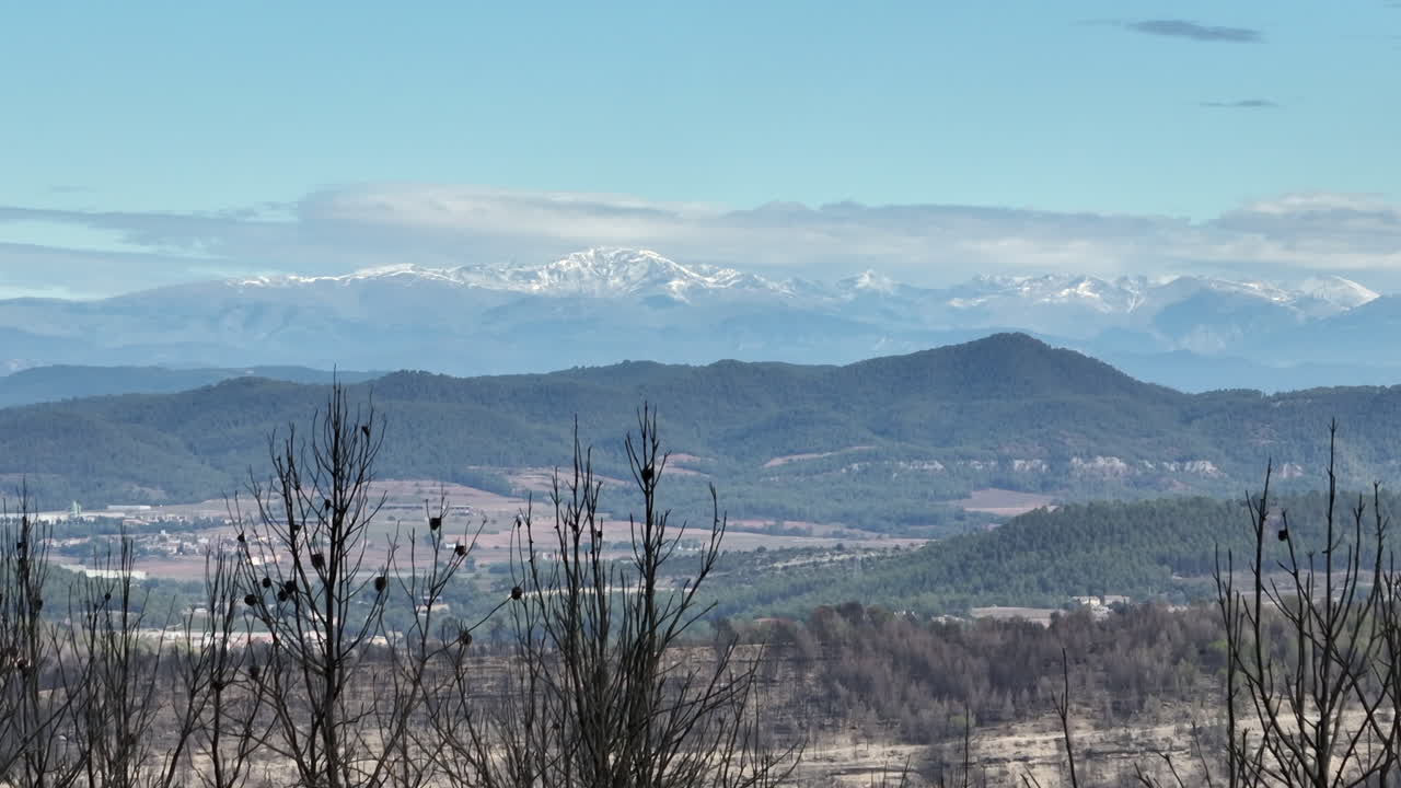 스페인 엘폰트 데 빌로마라 산맥을 배경으로 산불이 난 후 소실된 유적 - 공중 상승