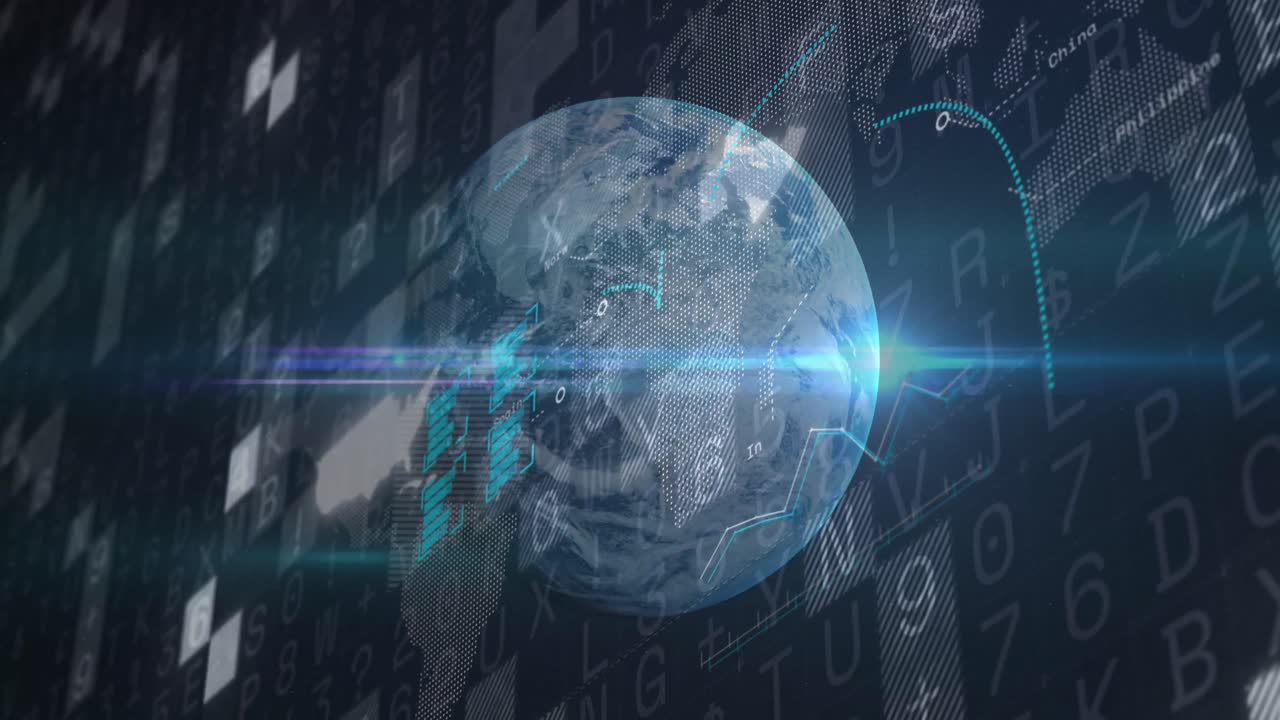 Animation of globe and financial data processing over black background