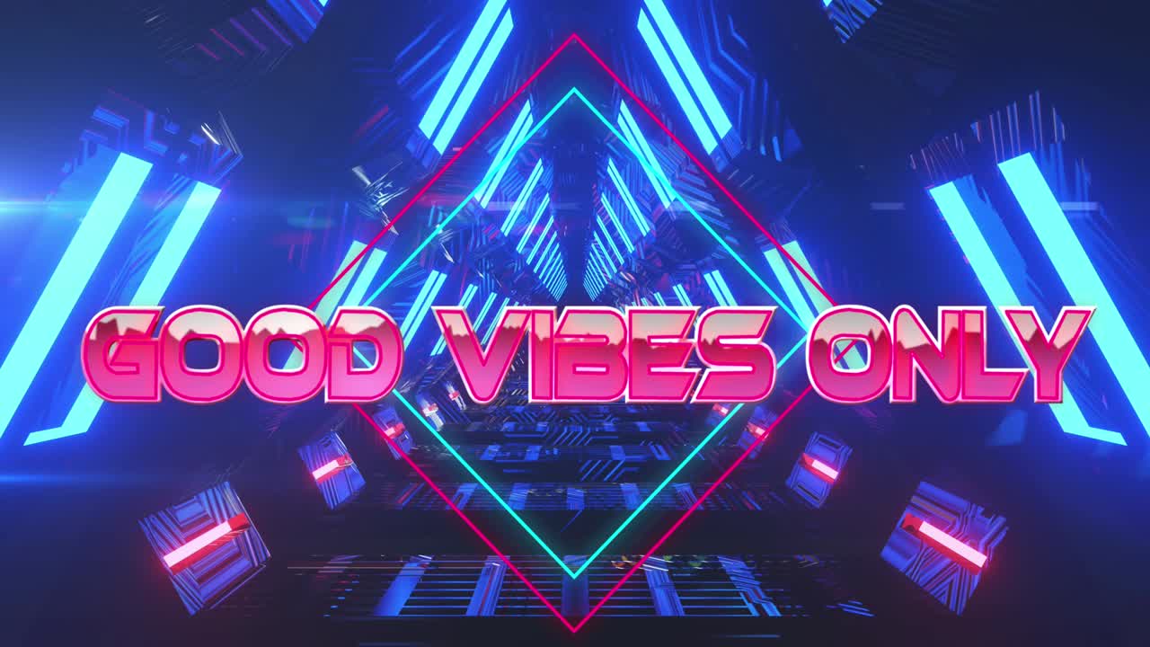 Animation af teksten kun gode vibes over en bevægelig digital tunnel