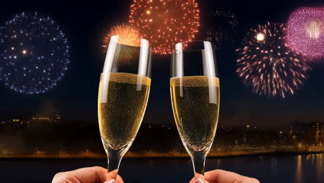 champagne toast with fireworks celebration