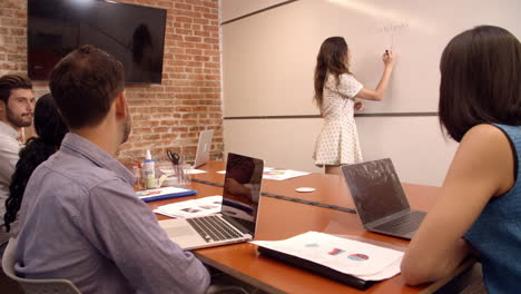 Mujer-De-Negocios,-En,-Pizarra,-En,-Oficina,-Dar,-Presentación