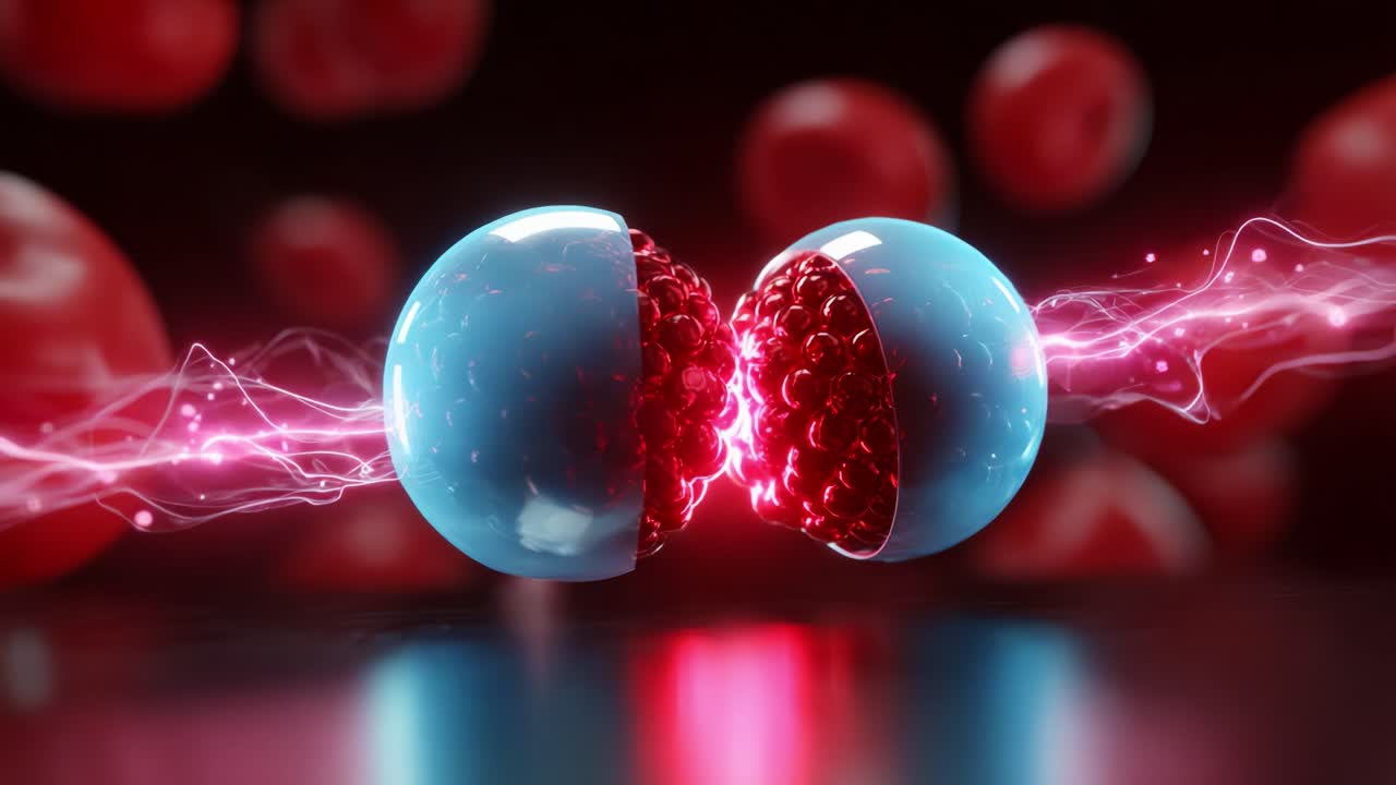 A Dynamic Visualization of Atomic Fusion Illustrating the Moment of Nuclear Energy Release, Featuring Vibrant Particles and an Energetic Glow as Two Atoms Merge and Release Electric Energy in a Scientific Context