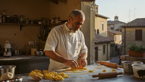 a passionate chef crafts fresh pasta in a rustic kitchen while the golden sunlight sets, emphasizing culinary artistry and tradition in every detail