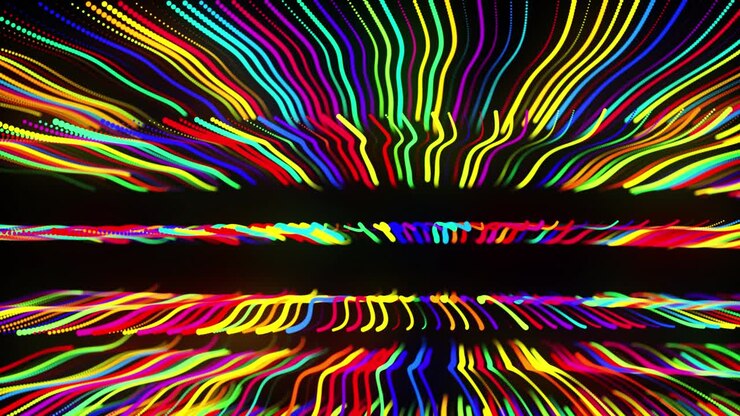 Festive vj loop with multicolored particles and smooth animated camera. Abstract 3d bg with glow particles lined up in a row along curved waving lines in 3d space. Motion design background.
