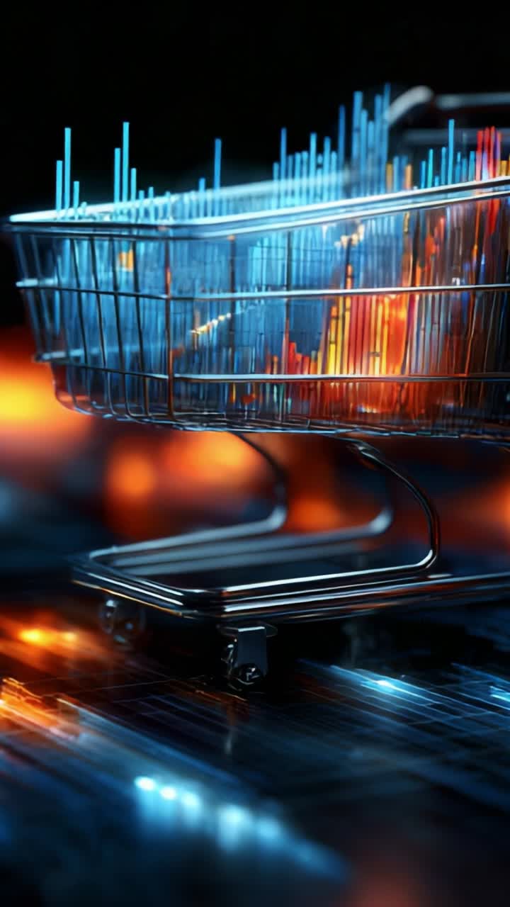 A visually striking depiction of a shopping cart filled with vibrant digital bar graphs, illustrating data trends and consumer insights in a modern context