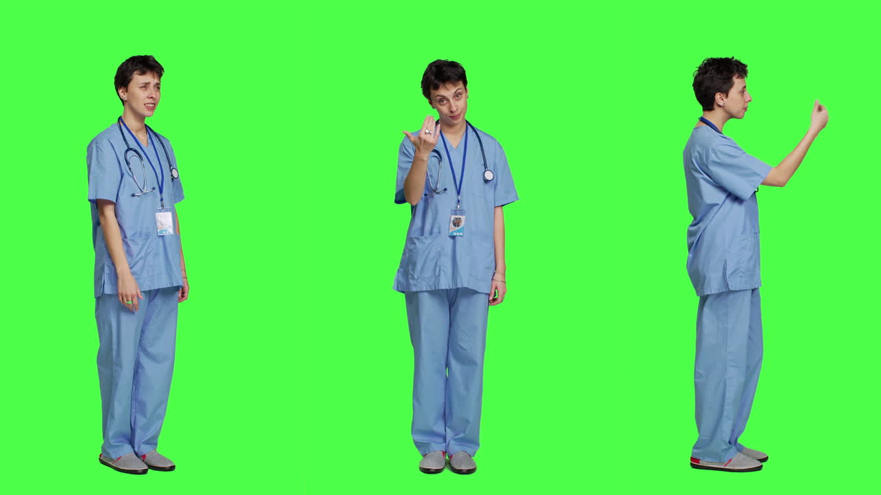 의료 보좌관 은 그린 스크린 을 향해 더 가까이 오라고 요청 하고 있다