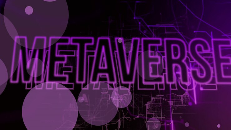 Animation of metaverse text over data processing on black background