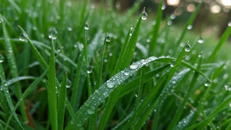 a close-up view of dew-kissed grass blades glimmering in the morning light, showcasing nature's beauty and freshness in a tranquil outdoor setting
