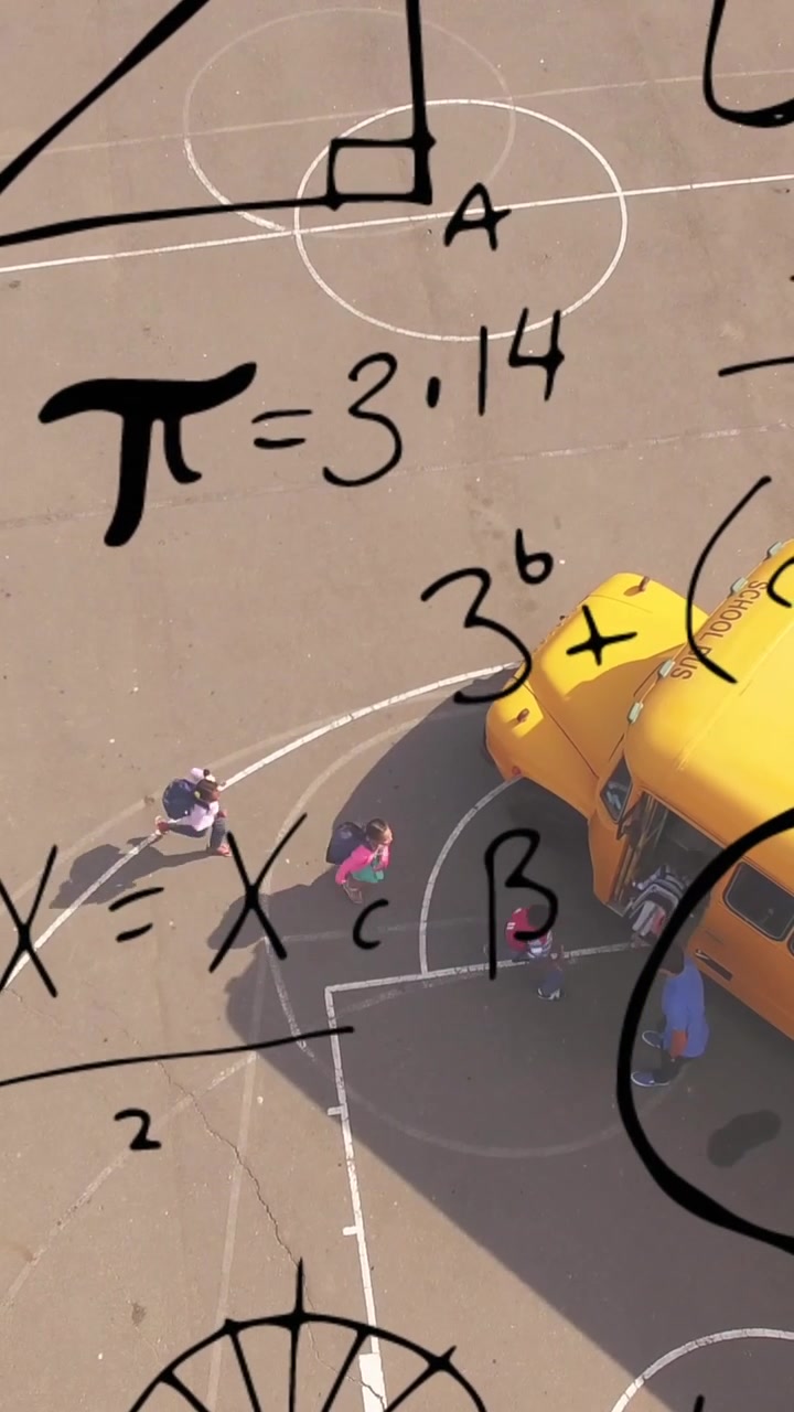 Mathematical equations against aerial view of school kids getting into the school bus