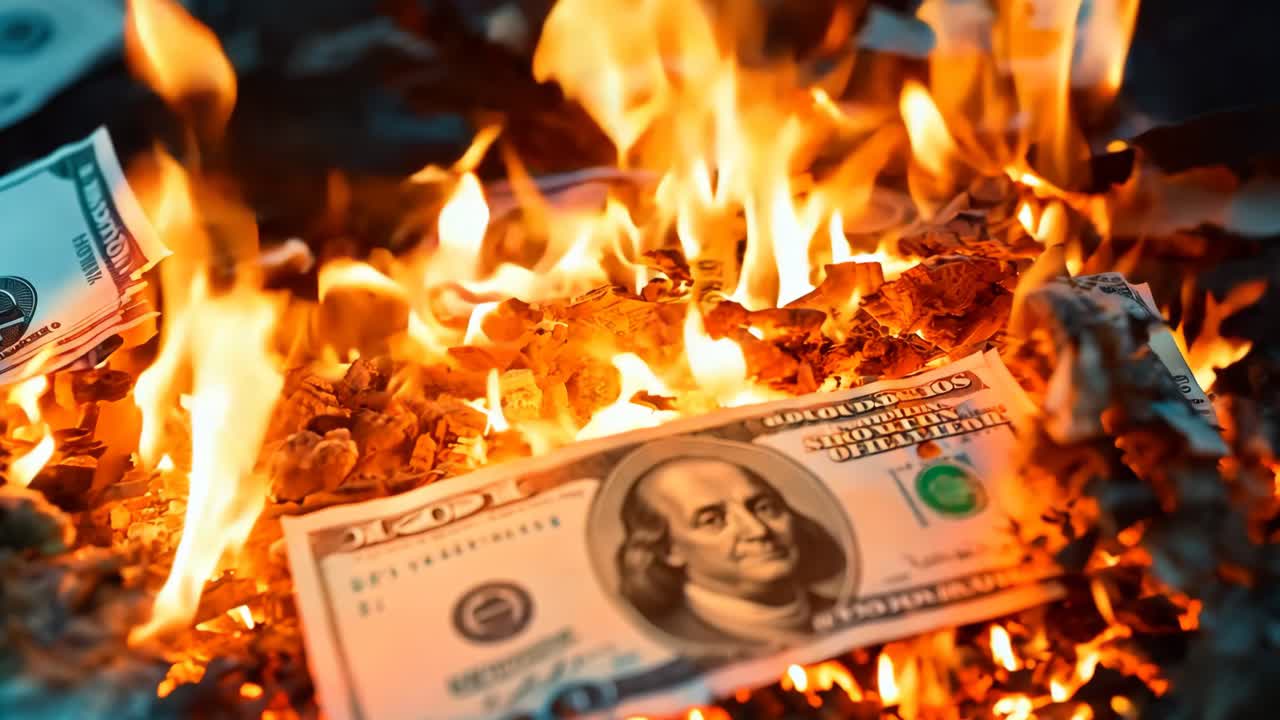 A pile of money on fire with a lot of money in it