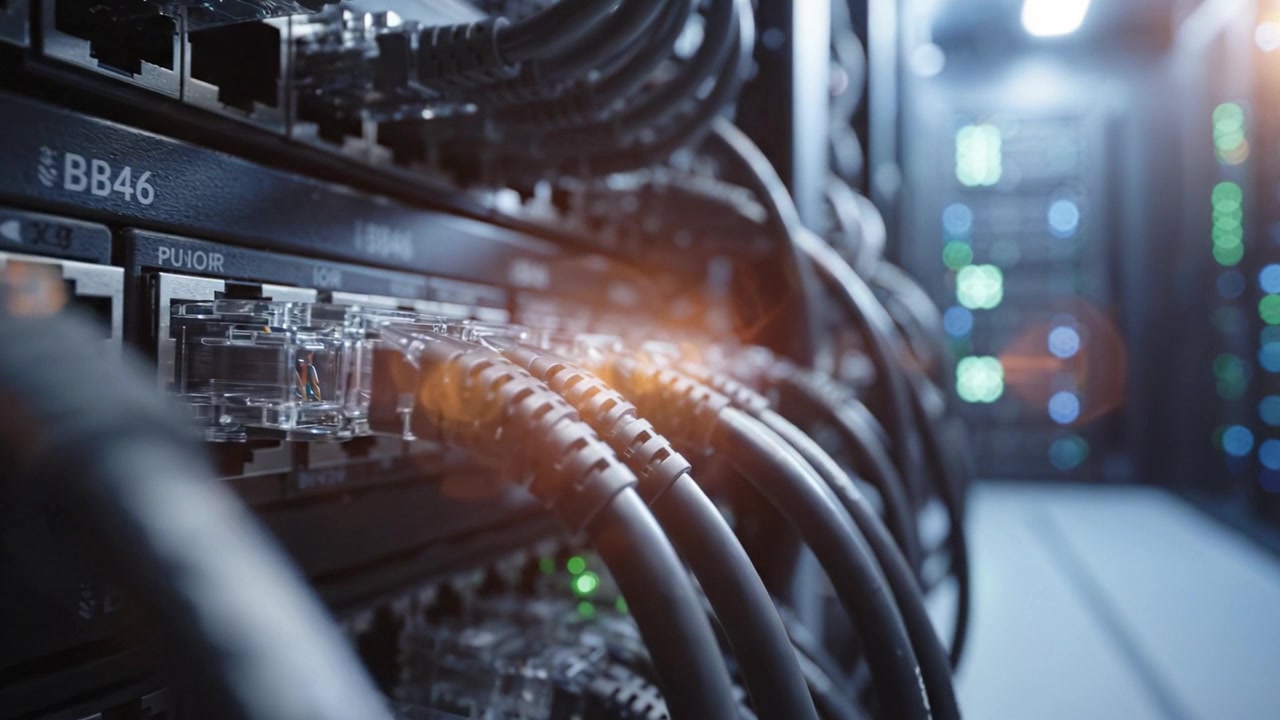 A Close-Up View of Network Cables and Servers in a Data Center Highlighting the Complexity of Modern Technology Infrastructure