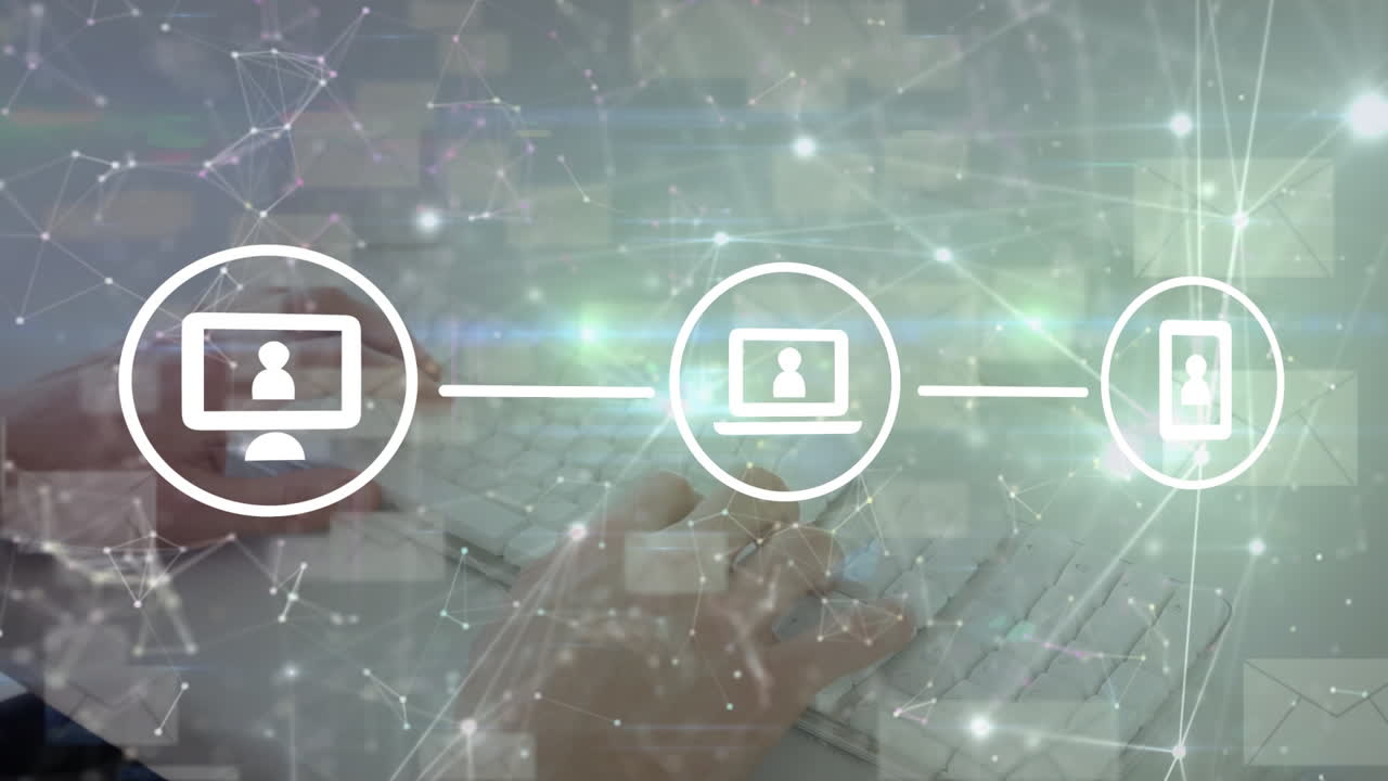 animación de la red de conexiones con iconos y iconos de sobres sobre las manos escribiendo en el teclado