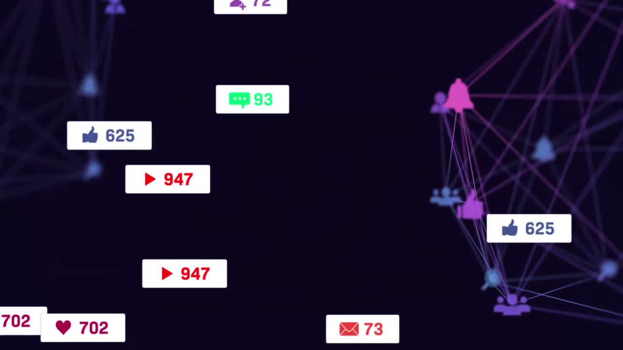 animación de iconos de redes sociales y procesamiento de datos a través de una red de conexiones