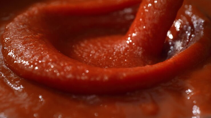 Juicy, Vibrant Red Tomato Sauce for Pizza or Spaghetti Is Poured with a Splash into the Thick Liquid, Creating a Wave