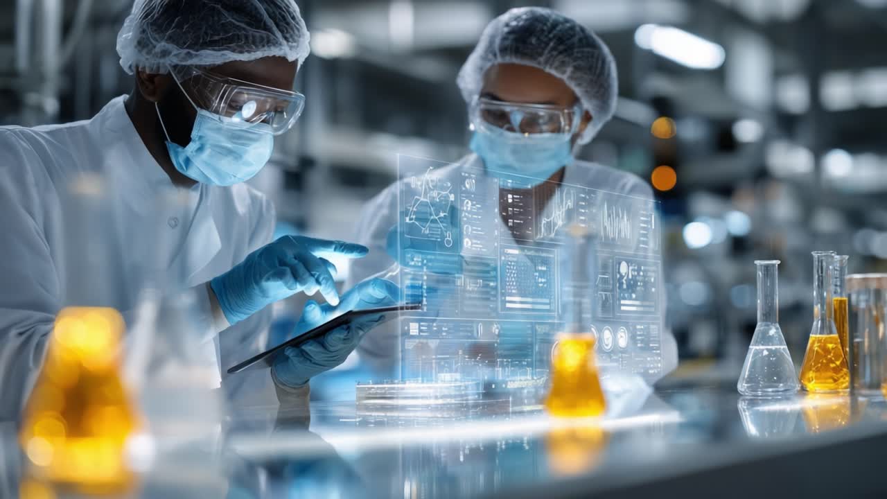 Laboratory Scene Featuring Two Scientists Analyzing Data on a Tablet Amidst Colorful Chemical Solutions, Highlighting Innovation and Precision in Scientific Research