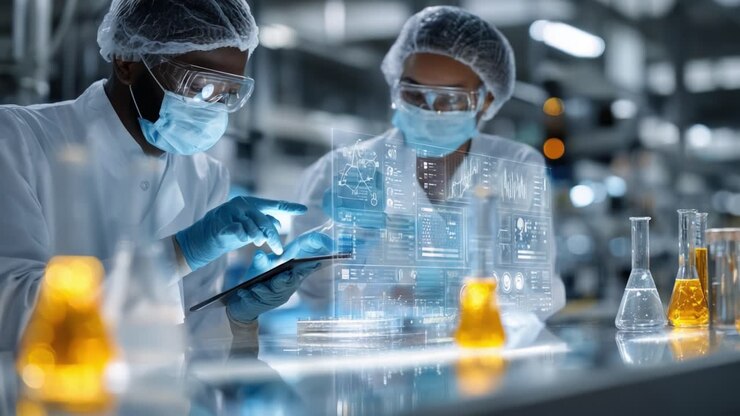 Laboratory Scene Featuring Two Scientists Analyzing Data on a Tablet Amidst Colorful Chemical Solutions, Highlighting Innovation and Precision in Scientific Research