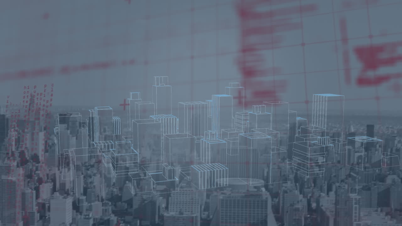 컴퓨터 언어를 통해 도시의 3d 모델의 애니메이션과 하늘에 대한 현대 도시 풍경