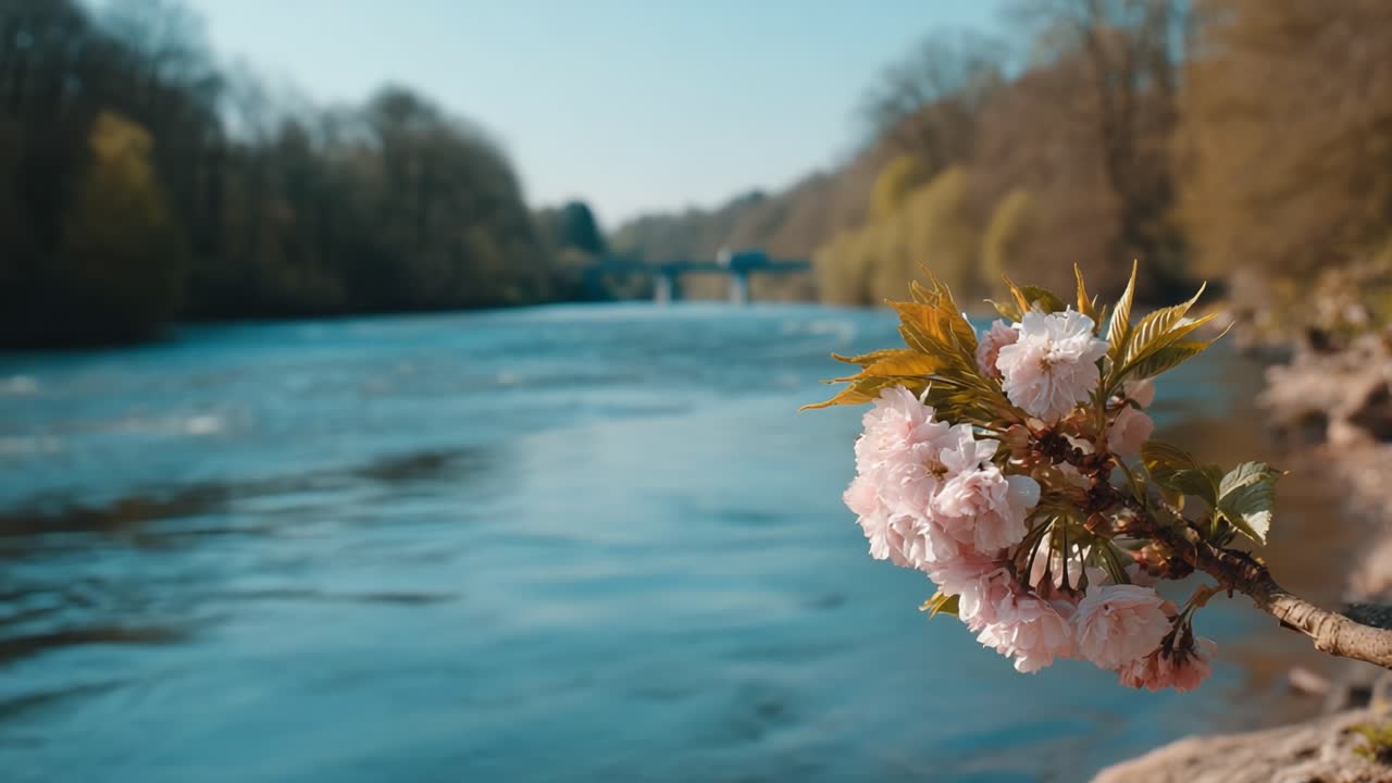 A tranquil riverside scene capturing the beauty of blossoming flowers against a serene water backdrop, highlighting the harmony of nature in springtime