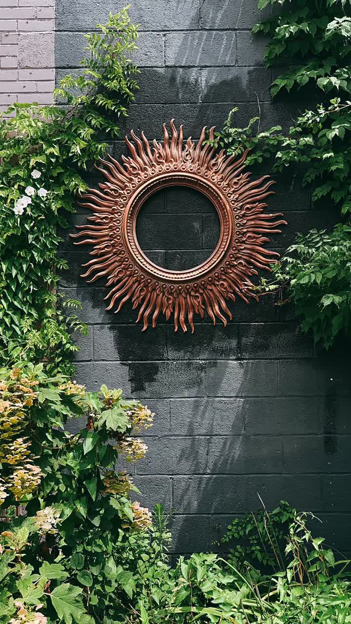 Espelho Sol em Parede de Tijolos com Folhagem
