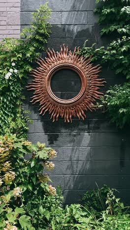 sunburst mirror on a brick wall with greenery