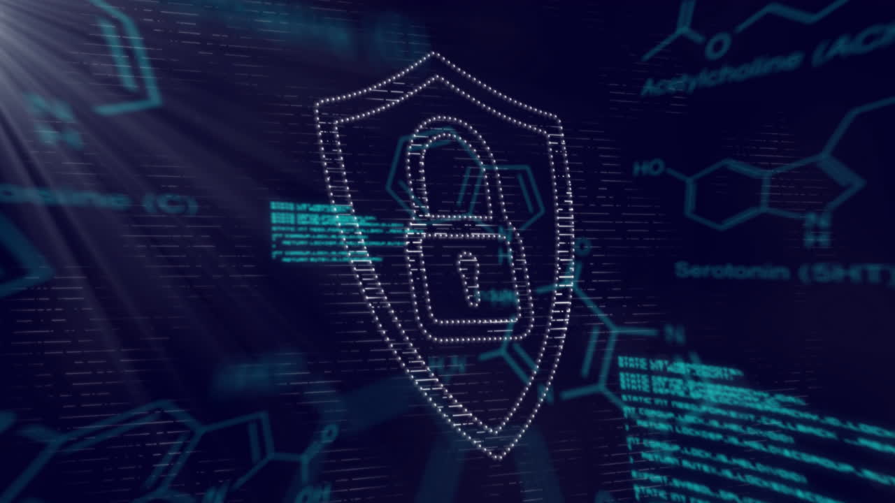 Digital lock and shield security animation over chemical formulas background