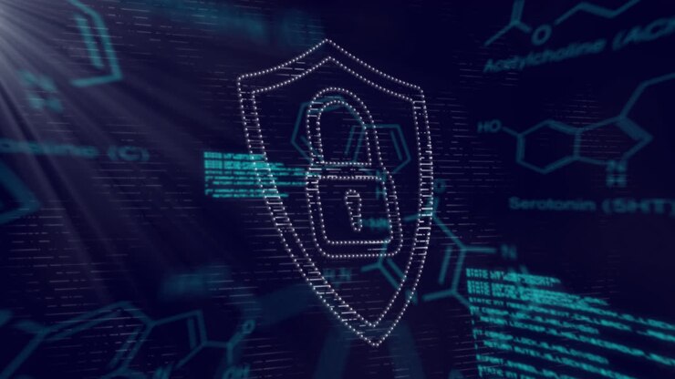 Digital lock and shield security animation over chemical formulas background