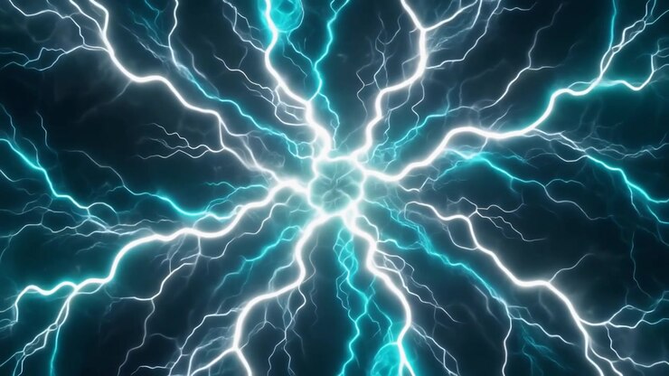 Sfondo astratto di fulmini elettrici luminosi che si irradiano dal centro