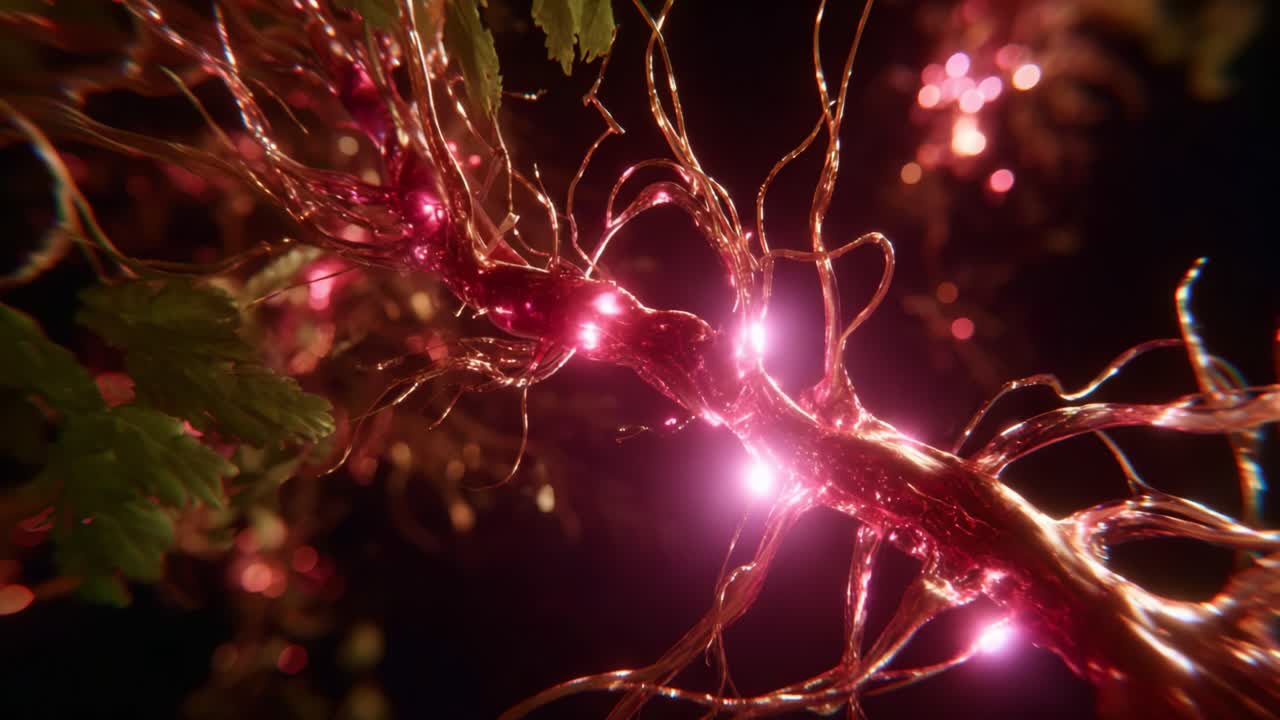 Intricate Network of Glowing Foliage and Bioluminescent Tendrils Captured in Stunning Close-up, Showcasing Nature's Mysterious Interplay of Light and Form
