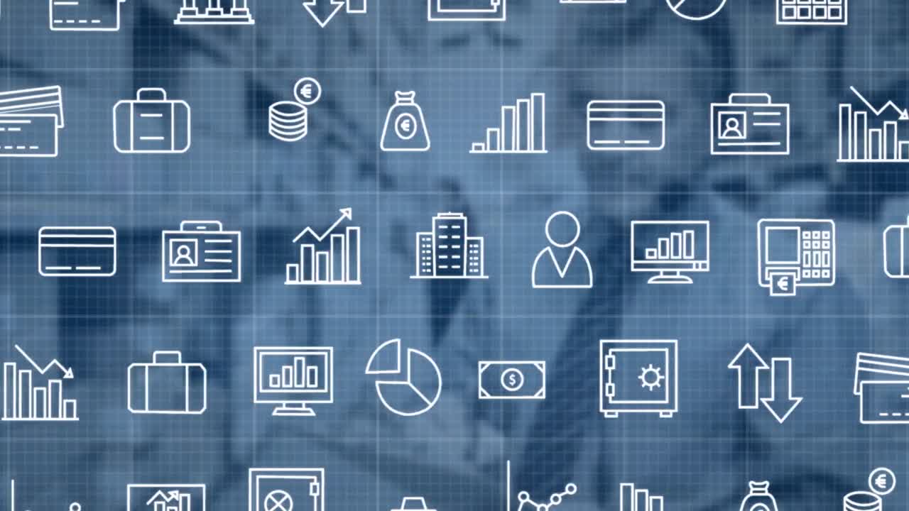 animación de iconos de negocios, medios y comunicaciones que se mueven sobre los trabajadores en el almacén