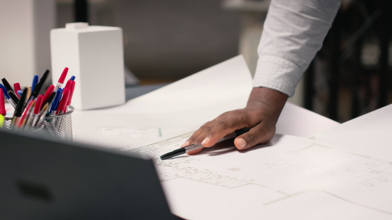 Vertical Video African american contractor examine architectural blueprints plans on table