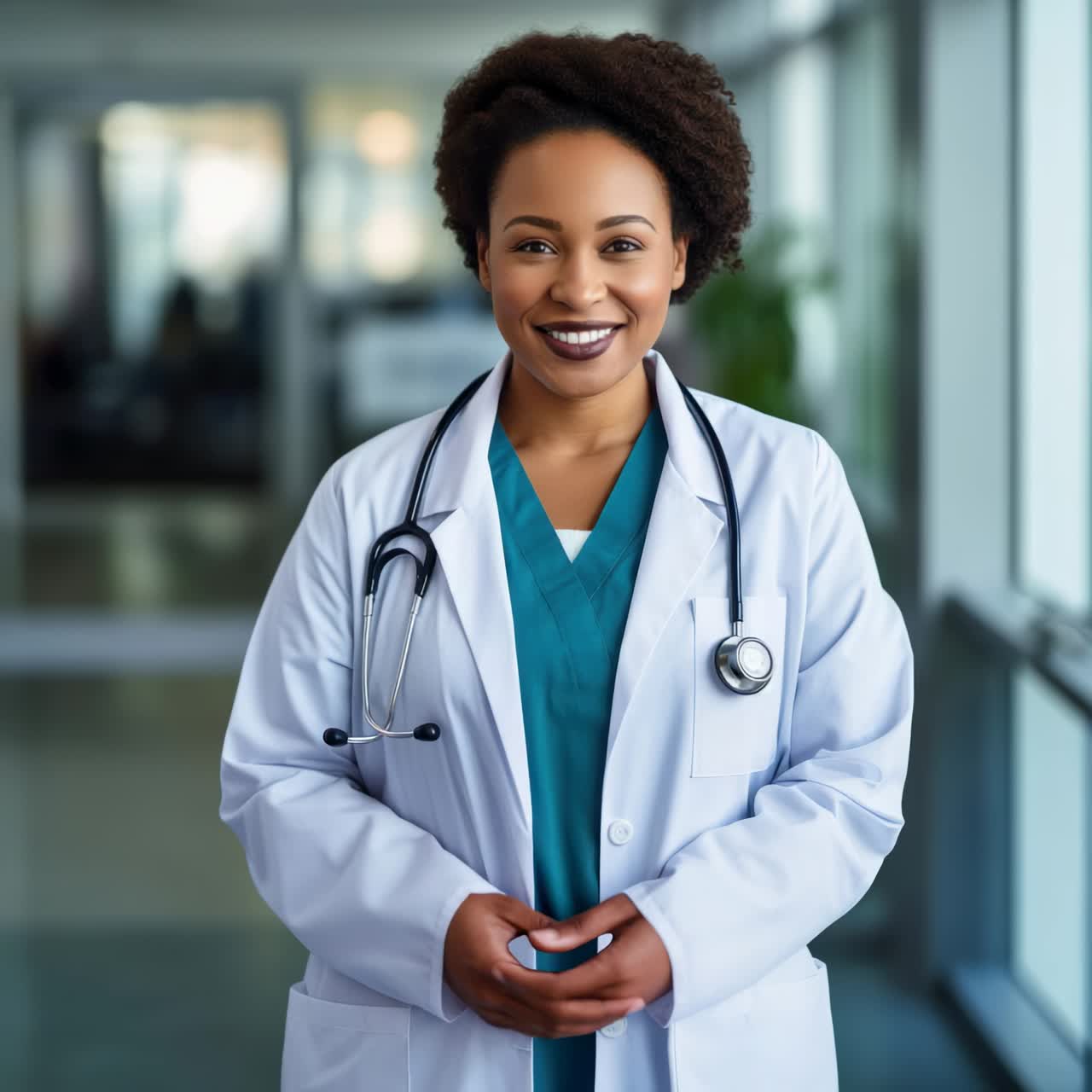 Um médico sorrindo, usando jaleco branco e scrubs, em um corredor de hospital
