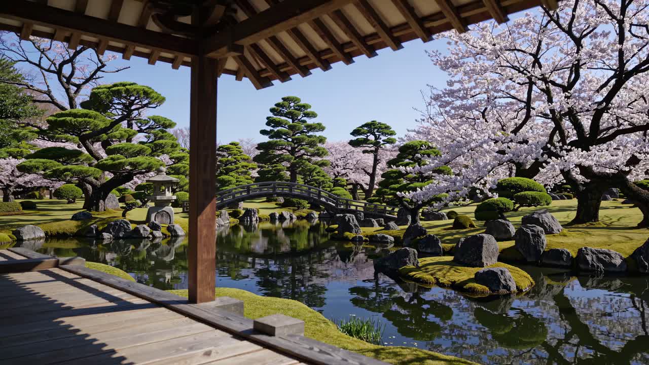 Serene Japanese garden with cherry blossoms and pond, viewed from a low angle under a wooden