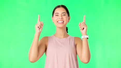 rostro feliz, mujer y fitness pantalla verde