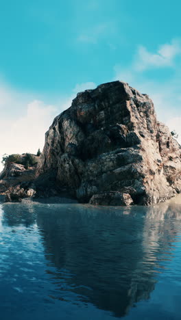 a large rock formation stands tall in the middle of a body of water