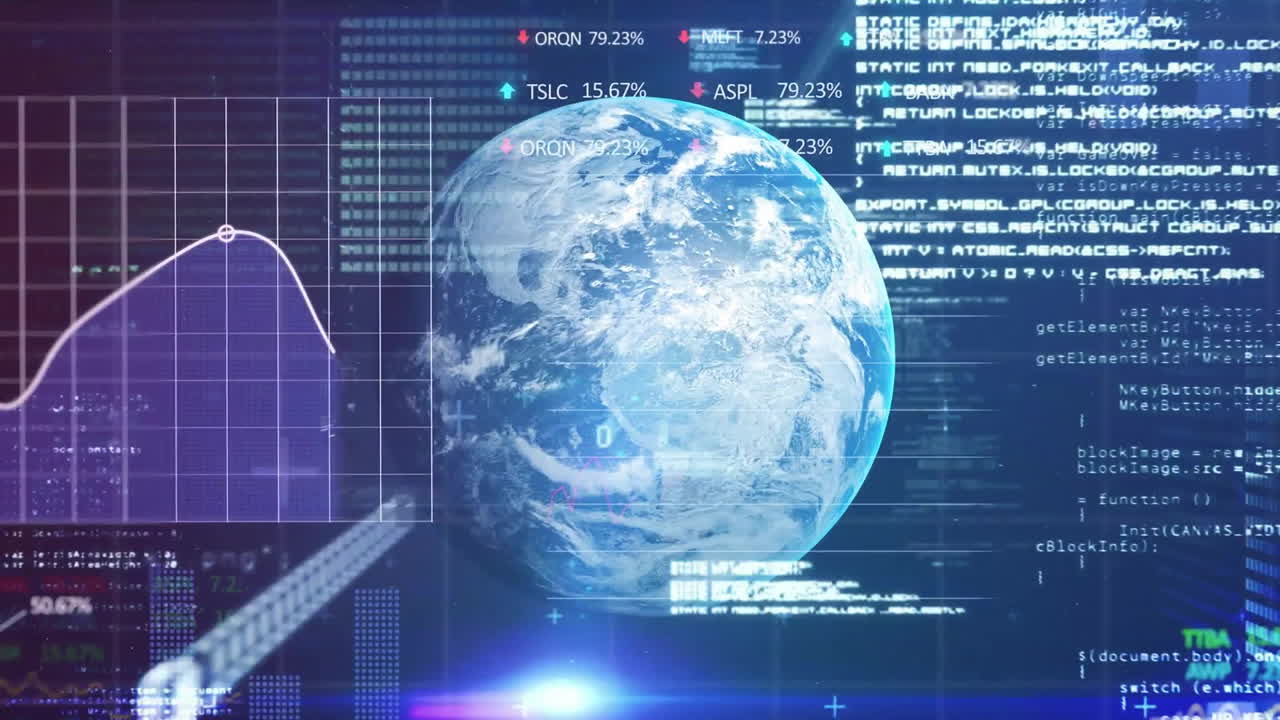 Animation of financial data processing over globe