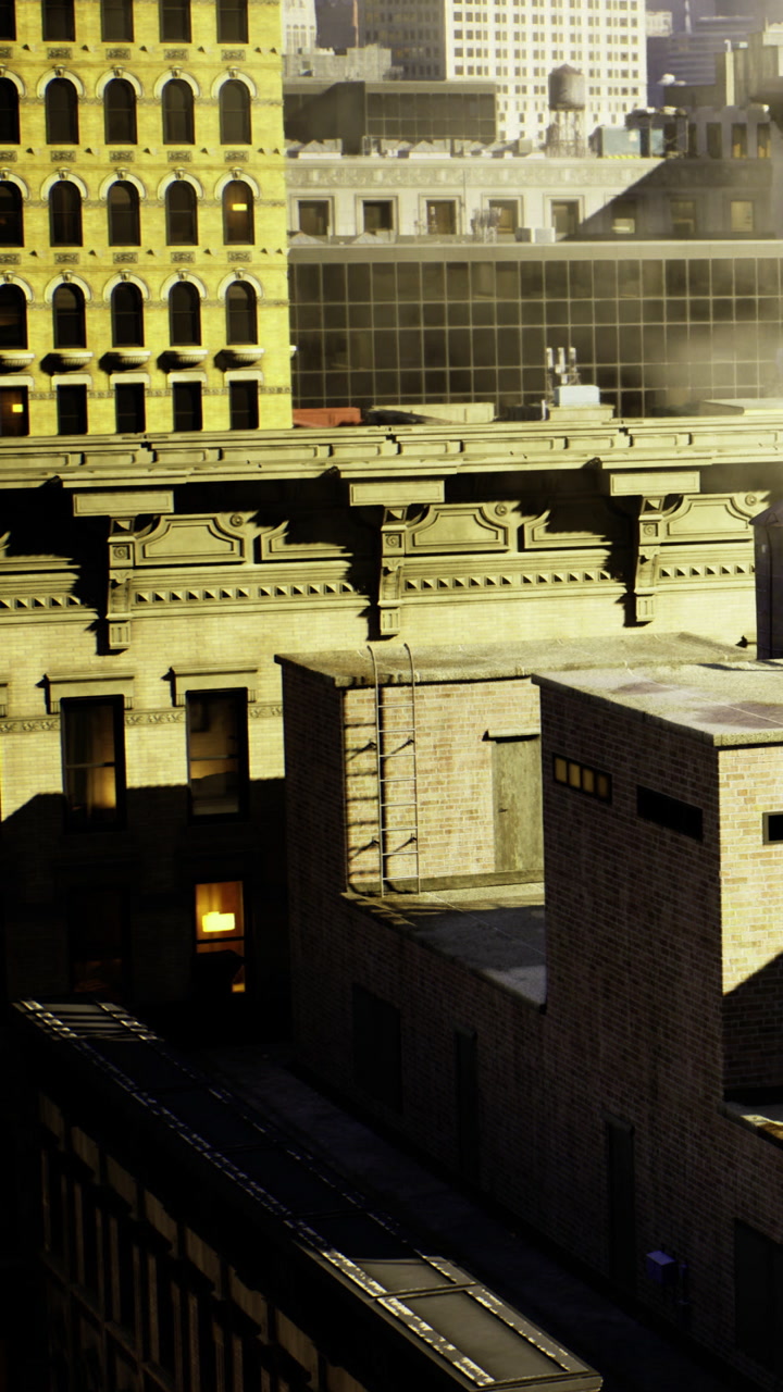 Buildings and rooftops in an urban area during the late afternoon sun in a city