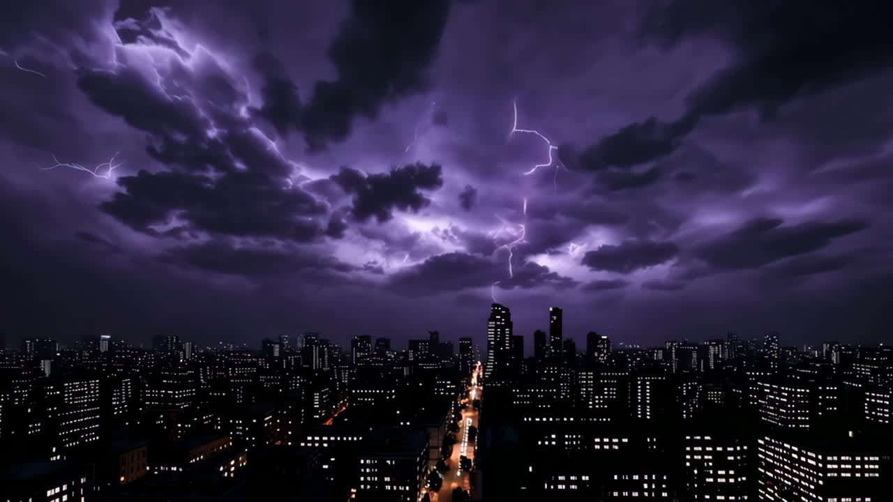 Dramatic Lightning Strike Over a City at Night