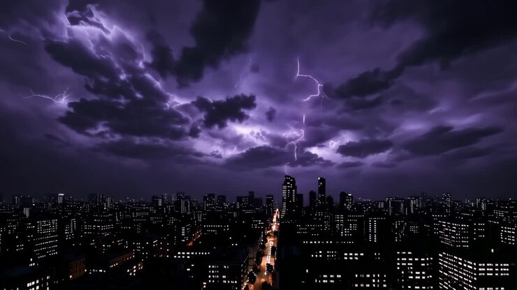Fulmine spettacolare su una città di notte