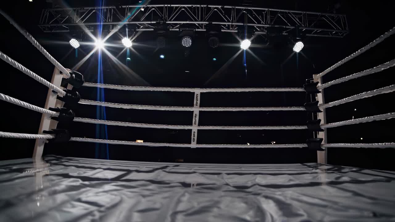 Vídeo dramático en ángulo bajo de un ring de boxeo vacío bajo focos brillantes