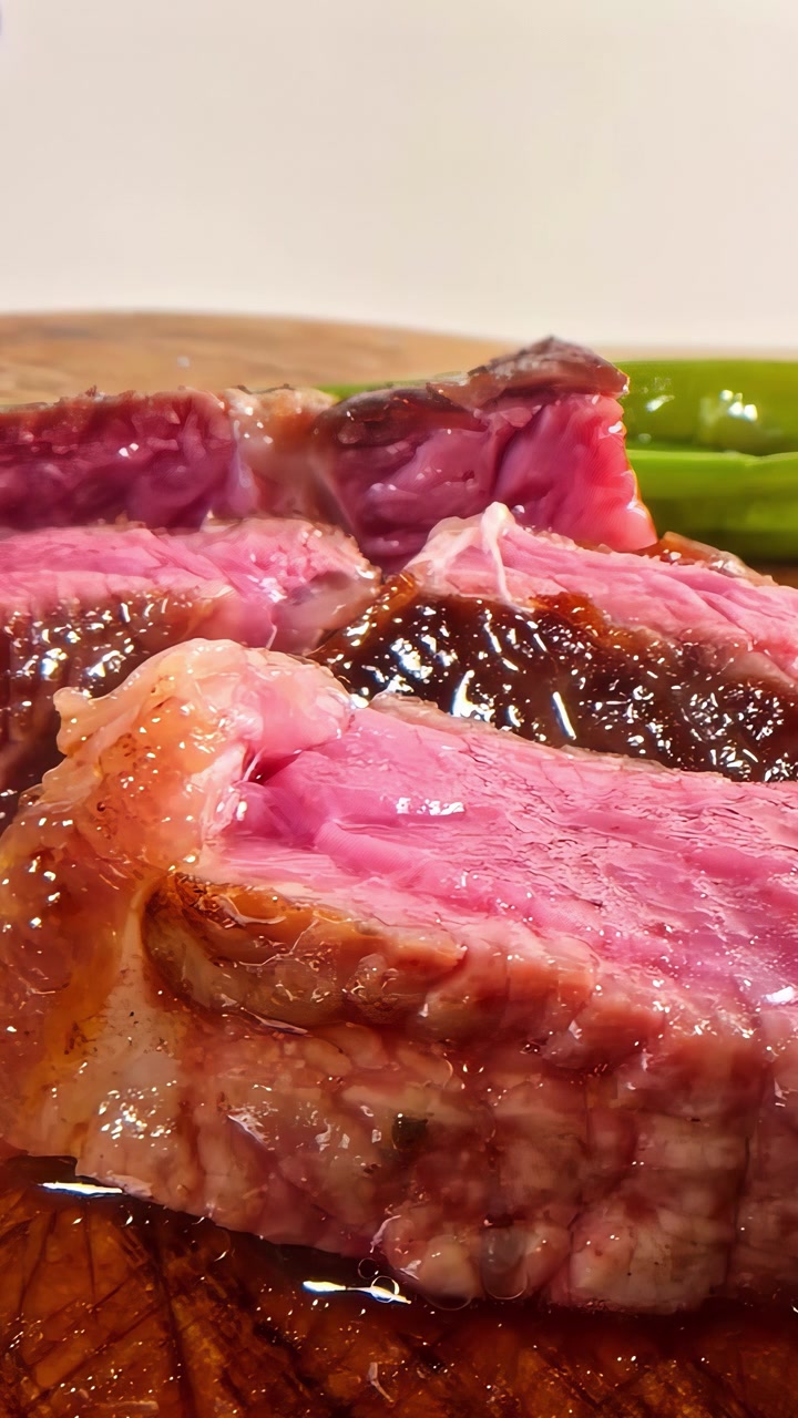 Una fetta di bistecca al sangue viene tirata via rivelando il suo centro rosa succoso e la crosta carbonizzata, catturando la consistenza e la delizia di una bistecca cucinata alla perfezione, inquadratura statica.
